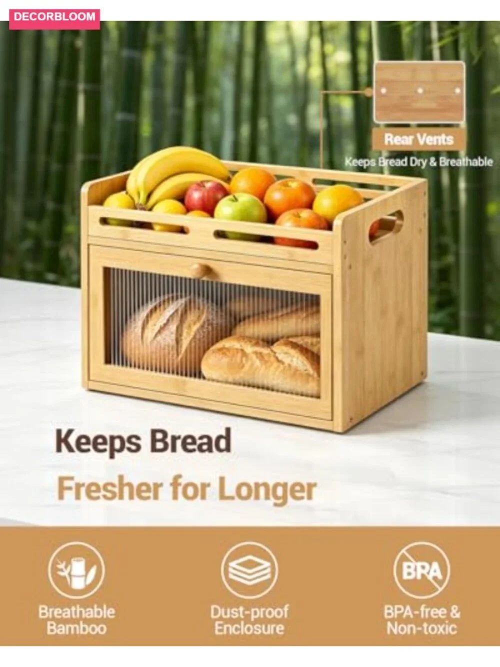 Large Bamboo Bread Box with Acrylic Window & Raised Top Shelf